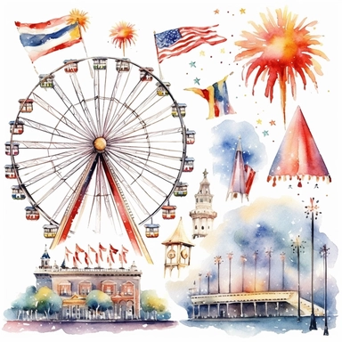 watercolor clipart set 4th of july fireworks, carousel, banner, rides, white background, photo realistic