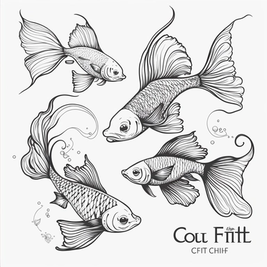 goldfish line art svg style, art nouveau style, black lines, detailed, flat design, white background, clipart style, black and white,