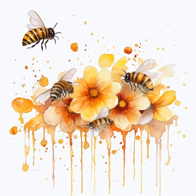 dripping honey border, watercolor, clipart, bees, honeycomb, flowers, white background