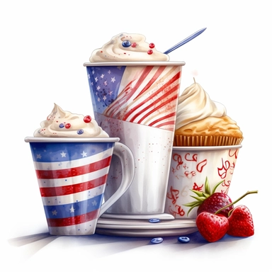 painting of 4th of july,patriotic cup,paper cup,coffe cup and more cups togather,hyper realistic,style by art nouveau,indipendence day,red white and blue,celebrate freedom,patriotism,clipart white background