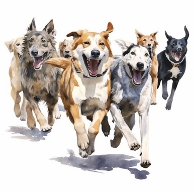 Dogs Clipart, Group of Dogs are running, Full body animal, Watercolor, white background, solid white background, realistic