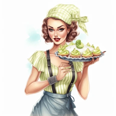 hand drawn pin up woman, wearing a bakers hat, light blue and white striped apron, holding a key lime pie anf limes, glamorous, half body, very detailed and realistic, watercolor, white background with margins, clipart style