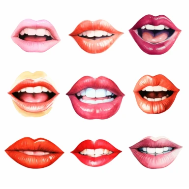 watercolor , illustrations clipart, white background, mouth shapes without face , phonemes