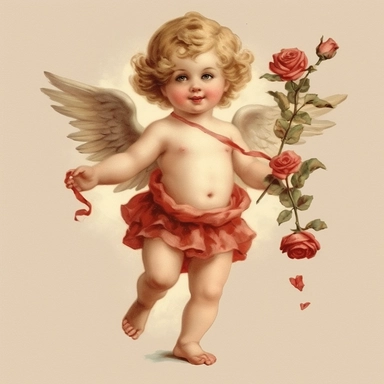 vintage adorable little cupid with red hearts and flowers, full body, clipart style, accurate details, oil painting technique, super high quality, professional clipart, high resolution