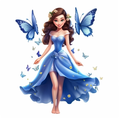 a beautiful smiling fairy girl, royal blue dress, big fairy wings, lovely butterflies all around her, pixar style, full body image, clipart, white background