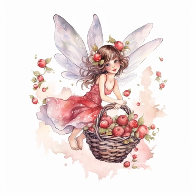 hand drawn cute fairy flying with a basket of apples, with blossoms, coquette style, glamorous, watercolor, white background with margins, clipart style