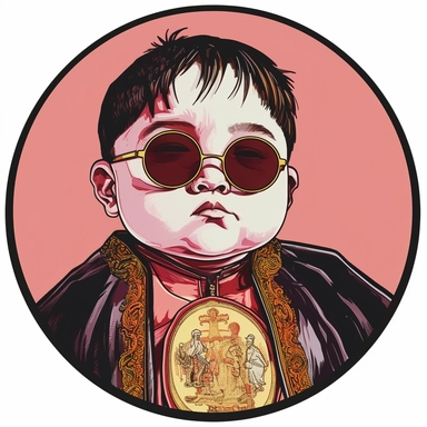 Jim Lee's drawing depicting a short chubby little round elf elvish bishop pope holy prophet Chinese young boy child with dark sunglasses, wearing a pope's mitre, Mike Allred Josh Kirby, handpainted enamel retrowave, clipart illustration, circular frame solid background
