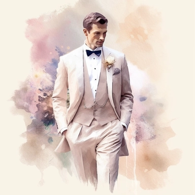 wedding watercolor graphics, subtle neutral pastel tones, sparklecore, embossed paper, Create a dashing wedding clipart featuring sleek and polished groom's tuxedo, exuding a sense of style and refinement, completing the groom's ensemble for a truly memorable wedding celebration, candid, multi-layered