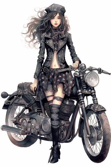 watercolor mixed media goth steampunk girl entire body illustration in front of a goth steampunk motorcycle clipart by holly hobbie
