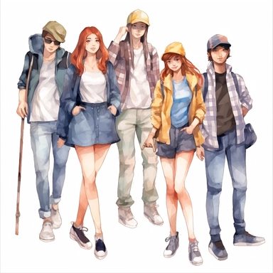 watercolor, People Group Different Job Set, png Full body realistic cartoon in 32K UHD cute. 15 cm thick outline. Black color. There was no shadow on the ground. 8k with realistic watercolors and detailed illustrations. PNG clipart, transparent white background