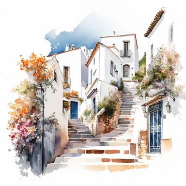 beautiful watercolor clipart of white houses on a cobbled street in a French hillside village near the Mediterranean sea, warm summer hues with blue and white, compositions on an isolated white background. Bright landscapes illustrations, highly detailed