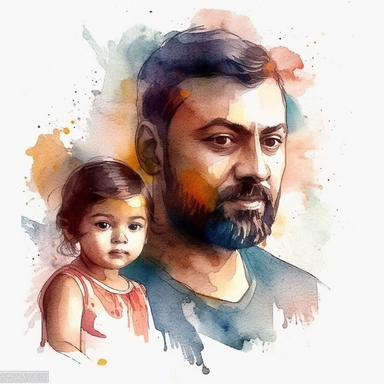 DESIGN A MAGNIFICENT AND EXQUISITE BREATHTAKING ONE-OF-A-KIND HIGH QUALITY HIGHLY DETAILED MASTERPIECE WATERCOLOR CLIPART ILLUSTRATION OF A FATHER and child with watercolor painting, in the style of eerily realistic, indian pop culture, photobash, celebrity-portraits, animated gifs, persian miniature, pixelated realism, WHITE BACKGROUND, NO FONT, NO TEXT, NO WORDS, NO WATERMARK