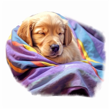 golden retriever puppy sleeping, wrapped in a colorful blanket, digital painting and drawing, clipart, full body, hyper - realistic animal illustration, childlike, free brushwork, white background