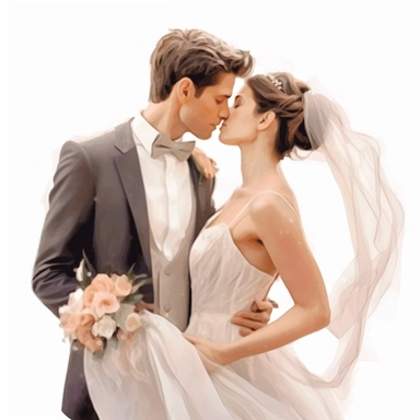 Wedding bride and groom, clipart, white background, in the style of elegant realism, muted and subtle tones, detailed painting, transparency and lightness