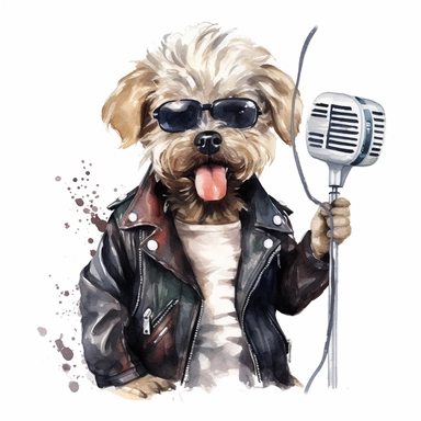an energetic watercolor clipart image with a white background, showcasing a talented dog rock star with a leather jacket, microphone in hand