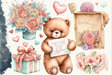 valentine flowers, chocolates, teddy bears, cards letters expressing love and affection accessories clipart, Aquarelle hand painting, aesthetic, watercolor, sparklecore, fantastic realism, fairytale