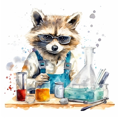a determined watercolor clipart image with a white background, showcasing a focused raccoon scientist in a lab coat, surrounded by scientific equipment and diligently solving complex problems.