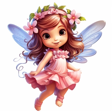 a happy baby fairy girl, pink flowered dress, long hair in ponytails, blue eyes, full body image, big wings, pixar style, clipart, white background,
