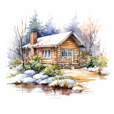 a log cabin in the woods with a garden. it is winter. on a white background. clipart. watercolour.