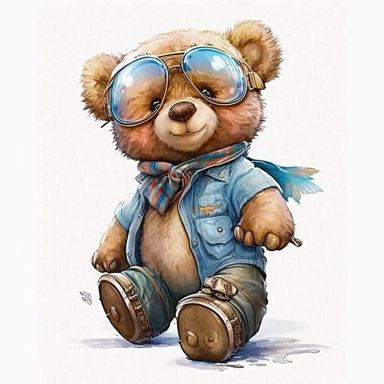 cute teddy bear, clipart, drive airplane, small full body, wearing blue jeans shirt, eye goggles,watercolor, in style of Gaston Bussière, white background
