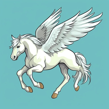Create a cartoon-style clipart of a white pegasus with wind-swept hair, flying through the sky. The pegasus should be the focal point of the image, with a plain background that offers a high contrast to the white color of the creature. Be sure to emphasize the details of the pegasus' mane and tail, and capture the sense of motion in the image. This clipart is perfect for use in a children's book or as a decorative graphic.