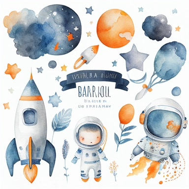 space-themed watercolor clipart set for baby nursery featuring rockets, planets, stars and astronauts in shades of blue, orange, grey and white