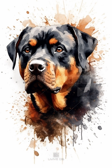 Rottweiler, Watercolor Clipart, White Background, No Watermarks Imagine a striking watercolor clipart of a Rottweiler on a white background, free of any watermarks. The image features a muscular Rottweiler with a broad head, strong jaw, and alert expression. The dog is depicted in warm, earthy tones with expressive brushstrokes that capture its personality and energy. The background is a soft white that brings out the richness of the dog's coat. The overall effect is a charming and engaging imag
