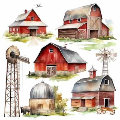 Watercolor Barns Clipart. Farm Style. Red Barn House, Horse, Tractor, Windmill, Wood Gate Illustrations. Wedding Invitation DIY white background