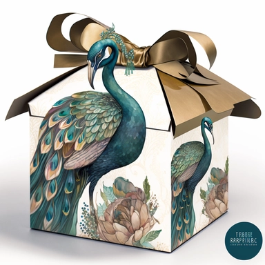 clipart watercolor flat box in peacock pattern with huge long bow on top