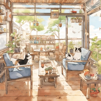 watercolor, Pet Café: Illustrate a cartoon featuring a pet-friendly café where people can enjoy drinks and treats while surrounded by cute and friendly pets. png Full body realistic cartoon in 32K UHD cute. 15 cm thick outline. Black color. There was no shadow on the ground. 8k with realistic watercolors and detailed illustrations. PNG clipart, transparent white background