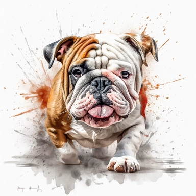 cute English Bulldog dog portrait, full face, centered shot, side shot, dynamically posed, in action, playful mood, happy mood, playing mood, cute face, adorable smile, childlike eyes, clean watercolor illustration, white background, nursery baby imagery,