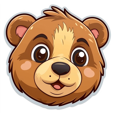 cute bear head, brown, cartoon, round head, sticker, clipart