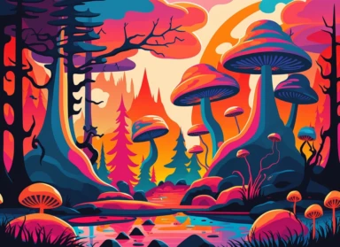 Expressionist Landscape Painting: magic mushrooms, Vibrant Colors, Intense Emotions, Fauvism, art deco, pop art deco nouveau, flat 2d vector design, illuminati priestess, clipart, detailed trace