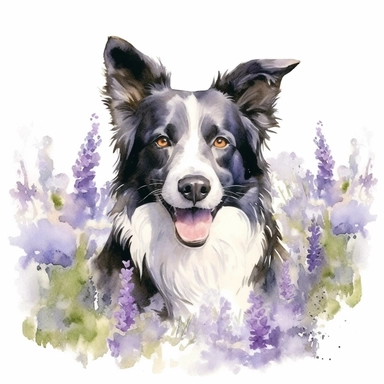 Watercolor, realistic Border Collie dog playing in lavender field, white background, clipart