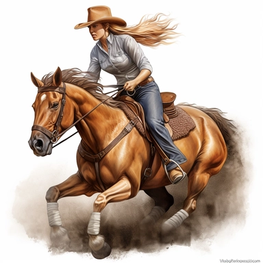 clipart of a realistic cowgirl barrel racing on her horse. high detail, white background. Make sure the whole horse is included.