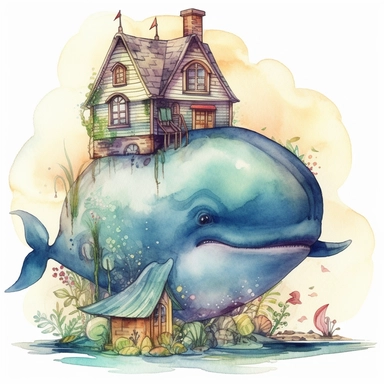 a cute Fairy Whale with House watercolor Clipart sublimation clipart graphic, full body, clipart, sticker, a single picture, cartoon style, highly detailed, 8k, one image in the frame--no text in the picture--