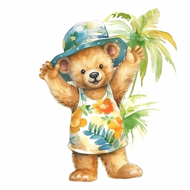 Cute baby bear clipart, happy expression, standing in dynamic pose, 1980s color scheme, wear play hat, hawaiian summer shirt, front view, in the style of watercolor cartoon clipart, kate greenaway style, high resolution, composition free space,watercolour clipart, watercolor illlustration for kids and children, isolated white background, clipart most popular on etsy, book illustration, featured on dribble, print on demand image, PNG tranparent background, composition medium shot, no text