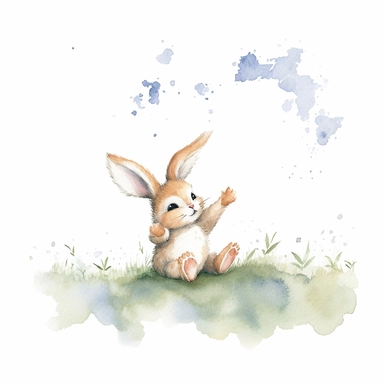 An endearing watercolor rabbit clipart, A heartwarming scene unfolds as a baby rabbit revels in playful joy, lying on the ground in various positions, captured from different perspectives. In one view, the baby rabbit is stretched out on its side, its tiny paws reaching towards the sky, showcasing a sense of carefree abandon. In another, it curls up into a ball, nestling its fluffy body against the soft grass, exuding a sense of comfort and contentment. The artwork, created in watercolor, embrac