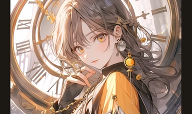 Anime secondary beauty girl, half portrait, a brown long hair beauty girl with lemon shaped hair clip, modern clothing, urban avant-garde, wearing yellow clothes, the background is clock gear, gorgeous colors, gold wire gear, bright colors, high definition, overlooking Angle