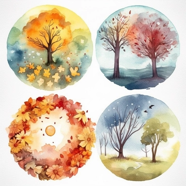 Design a set of watercolor cliparts featuring elements of nature in the four seasons. Each clipart should be created in a beautiful and harmonious style with a balanced color palette. The elements can include flowers, trees, animals, and landscapes, each reflecting the distinct characteristics of spring, summer, fall, and winter. The artistic style is watercolor painting on paper, executed with a focus on capturing the essence of each season,