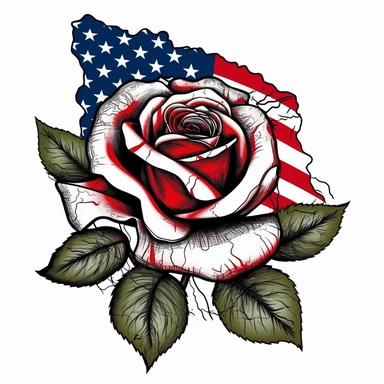 a rose with american flag colors rendered on a pure white background, t-shirt design graphic, vector, clipart, isolated, .75 gutter,