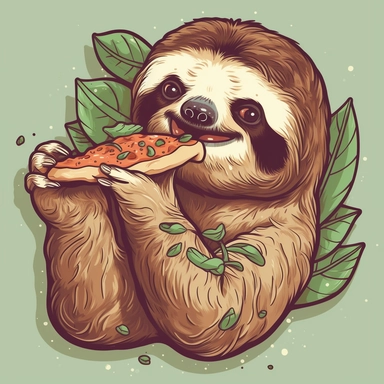 happy Sloth eating neapolitan pizza, cartoon, vector, sharp focus, super detailed, illustration, 16:9, v4, q2, 16k, High quality, clipart