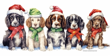 Cute springer spaniel puppies in a line, dressed in cute christmas outfits, playful, vivid colors, white background, ornamental watercolor clipart, I can't believe how beautiful this is