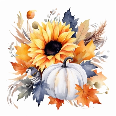 clipart, watercolor, fall flower, pastel pumpkin, feather, gourd, white background