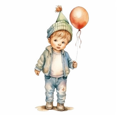 cute baby boy standing full body with birthday hat clipart, for childish cards, detail, illustration style, high solution, Watercolor, on the white background