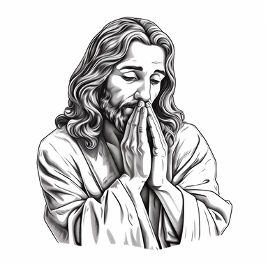 Jesus Christ, Cartoon Line art, praying, clipart style, solid white background