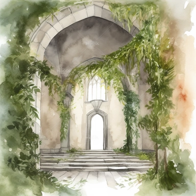 watercolor overgrown castle hallway clipart, no background, greenery