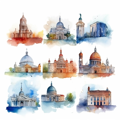 Watercolor famous landmarks in europe Clipart, travel, Minimalist Watercolor, Clipart, Separated design, 8k