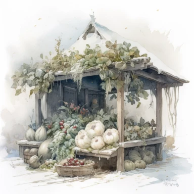 isolated on white illustration watercolor art of a part of white little vegetable market, overgrown with white and light pink roses and flowers, covered with snow and ice, a lot of moss and branches, masterpiece by Tomasz Alen Kopera style and by Carl Holsoe style and by Hannah Dale style and by Alexander Jansson style, Baroque Architecture, PNG clipart, isolated on white, white background, extreme photorealistic details, 32k HD resolution, realistic high detailization high resolution