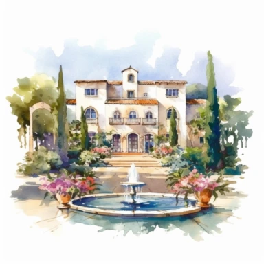 Watercolor drawing beautiful rich italian venue, wedding venue in flowers, piscina e scalinate,watercolor clipart, white background, isolated on white, 8k, watercolor style